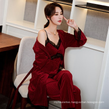 2021 Wholesale robes women velvet 3 piece velvet pajamas set women